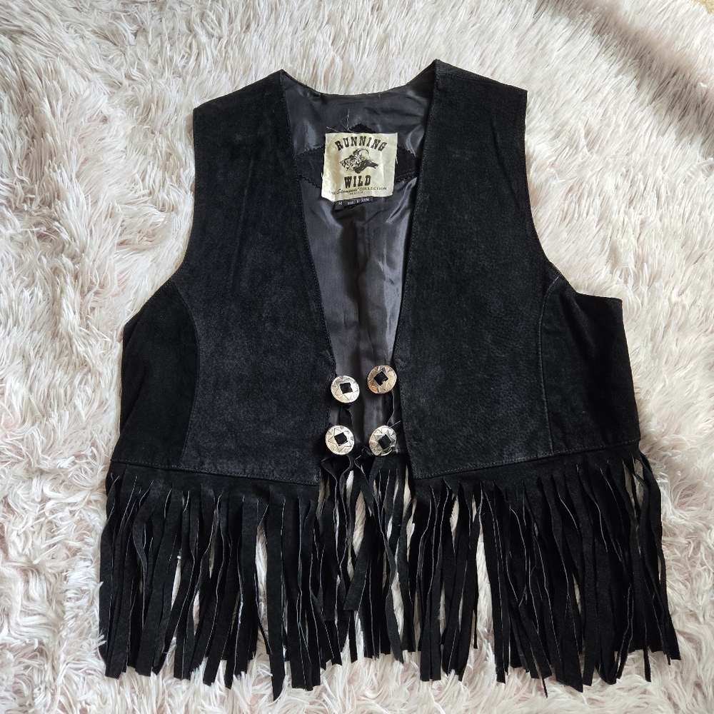 Vintage RUNNING WILD black suede leather fringe vest silver concho Womens Sz M